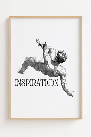 Inspiration plakat med dynamisk figur i sort-hvid grafisk stil