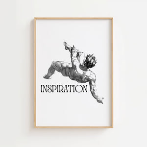 Inspiration plakat med dynamisk figur i sort-hvid grafisk stil