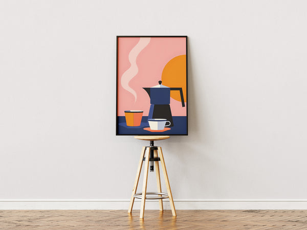 Plakat med moka-kande, kaffekopper og solrig baggrund i moderne farver – perfekt køkkenplakat.