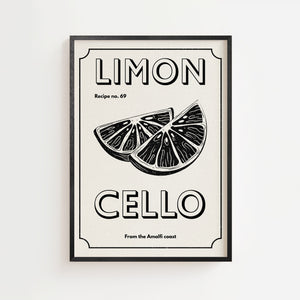 Limoncello citrusskiver plakat med grafisk vintage design i sort og creme, sort ramme