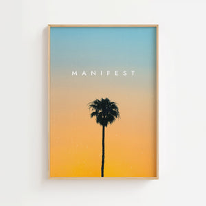 Manifest palmeplakat med sort palme mod farveovergang og hvid tekst