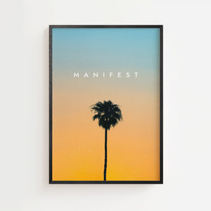 Manifest palmeplakat med sort palme mod farveovergang og hvid tekst, sort ramme