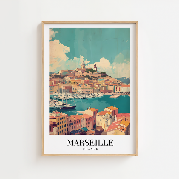 Marseille byplakat med udsigt over havn, farverige huse og Notre-Dame de la Garde.