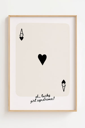 Oh lucky girl syndrome plakat med hjerteres og håndskrevet tekst i sort-hvid