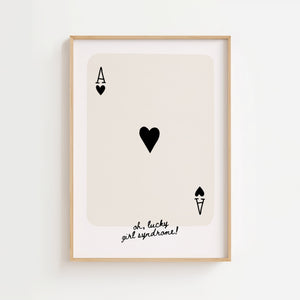 Oh lucky girl syndrome plakat med hjerteres og håndskrevet tekst i sort-hvid