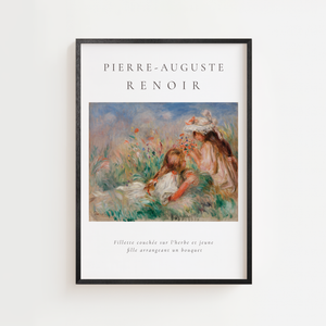 Piger i Engblomster Renoir plakat med impressionistisk motiv i pasteltoner, sort ramme