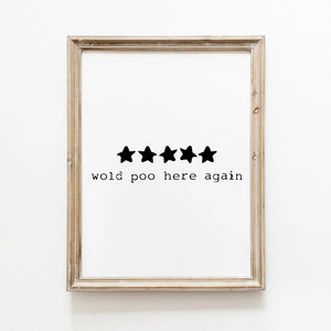 Plakat med fem sorte stjerner og teksten "Would poo here again" – sjov og minimalistisk badeværelsesplakat.