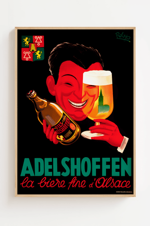 Vintage Adelshoffen plakat med rød mand, ølflaske og ølglas fra Alsace – fransk reklame i retrostil.