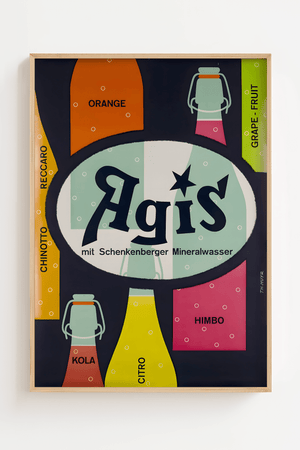 Vintage Agis plakat med sodavandsflasker og farverige smagsvarianter – retro reklame med bobler og Schenkenberger mineralvand.