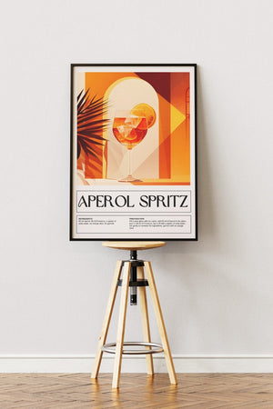 Illustreret plakat af Aperol Spritz cocktail i solrigt og grafisk design