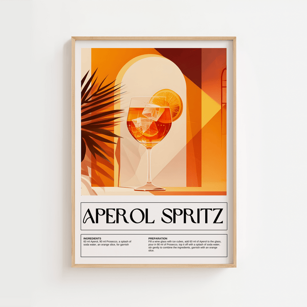 Illustreret plakat af Aperol Spritz cocktail i solrigt og grafisk design

