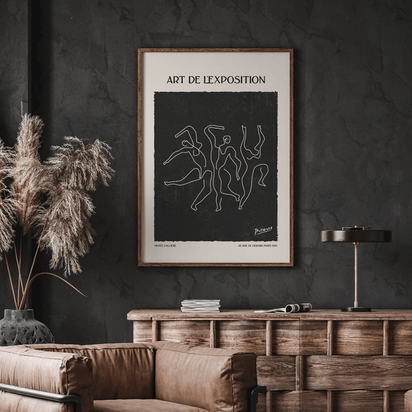 Picasso plakat med dansende figurer i sort hvid – kunstplakat med fransk tekst og grafisk udtryk.
