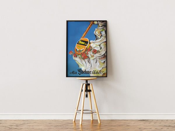 Vintage plakat med Bachme Chärli ost, alpeblomster og klippebaggrund – farverig schweizisk retroreklame.

