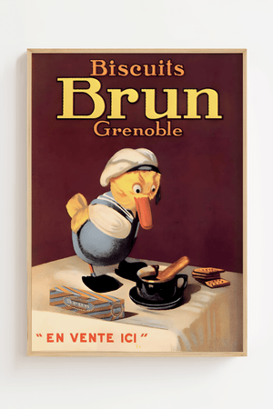 Vintage plakat med fransk kok, kaffe og kiks fra Biscuits Brun – retroreklame med teksten "En vente ici".