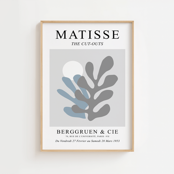 Blå Flower plakat inspireret af Matisse. En stilren blomsterplakat med abstrakt form i blå toner – perfekt til moderne og rolig indretning.

