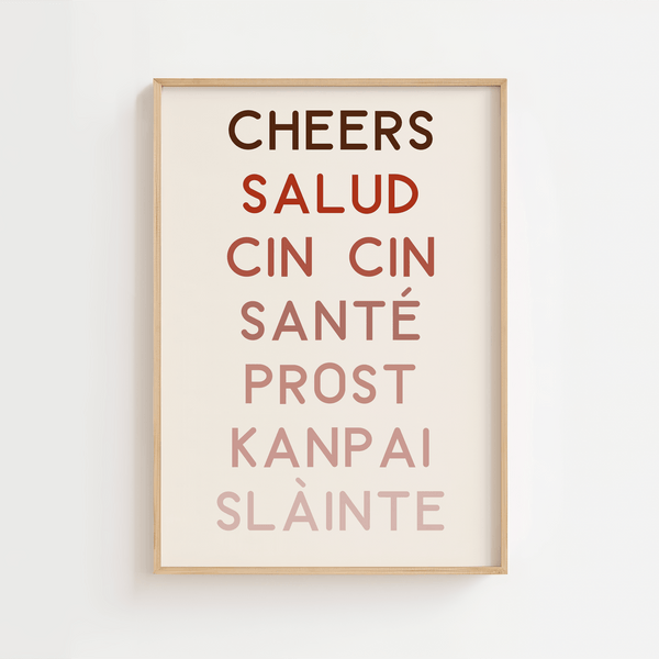 Typografisk plakat med ordet “skål” på otte sprog i rød og rosa farveskala

