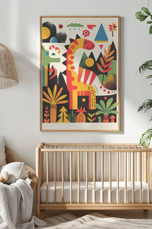 Dinosaur børneplakat med farverige illustrationer af dinosaurer som T-Rex og Triceratops. Perfekt til at skabe en sjov og eventyrlig stemning i børneværelset