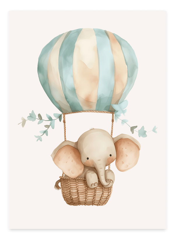 Tag på eventyr med Elefant i Luftballon - Børneplakat. En sød børneplakat, der bringer fantasi og hygge til børneværelset. Perfekt til små opdagelsesrejsende!
