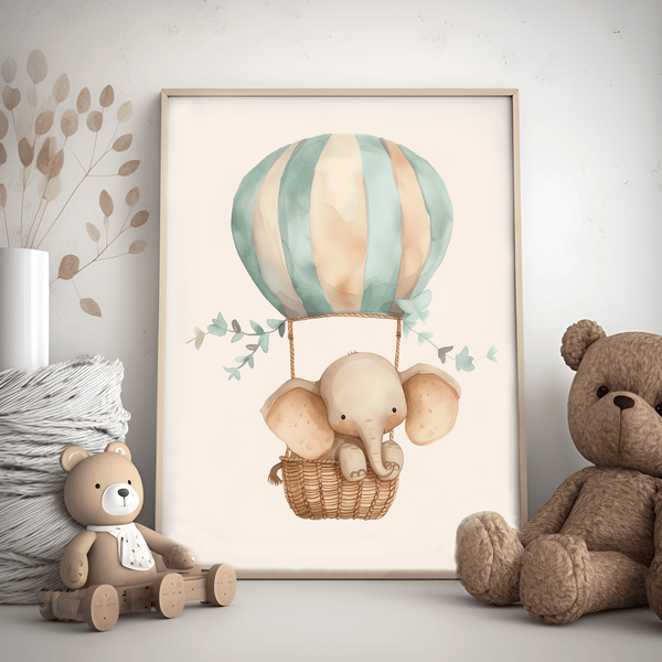 Tag på eventyr med Elefant i Luftballon - Børneplakat. En sød børneplakat, der bringer fantasi og hygge til børneværelset. Perfekt til små opdagelsesrejsende!
