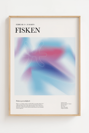 Farverig stjernetegns plakat af Fisken med bløde pastelfarver og moderne design. Viser Fiskens symbolet og personlighed i et kunstnerisk udtryk.