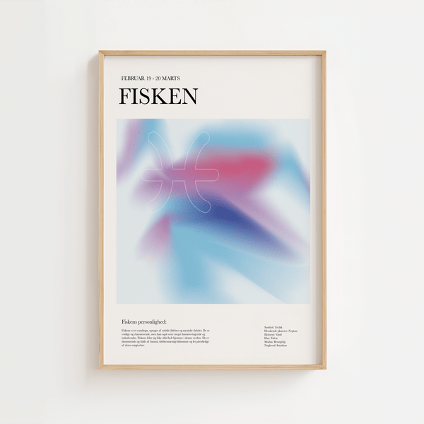 Farverig stjernetegns plakat af Fisken med bløde pastelfarver og moderne design. Viser Fiskens symbolet og personlighed i et kunstnerisk udtryk.