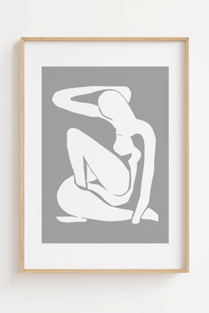 Grey Madame plakat inspireret af Matisse. Et stilrent kvindemotiv i grå toner – kunstnerisk og enkelt udtryk til moderne indretning.