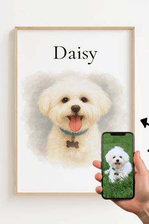 Personligt hundeportræt som plakat med mulighed for at tilføje navn og vælge race