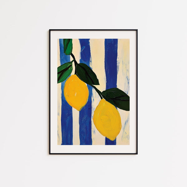 Plakat med abstrakte citroner og blå-hvide striber – moderne kunstplakat med italiensk sommerstemning.
