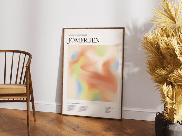 Farverig stjernetegns plakat af Jomfruen med moderne design og illustrative detaljer – perfekt som personlig vægkunst.
