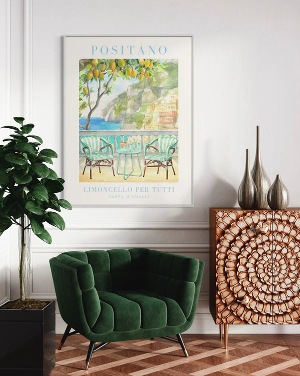 Plakat med udsigt over Positano, citrontræer og limoncello – italiensk kunstplakat med sommerstemning fra Amalfikysten.