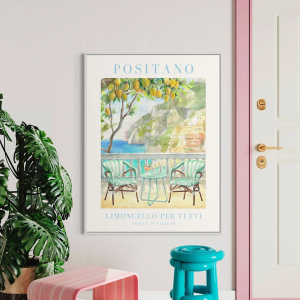 Plakat med udsigt over Positano, citrontræer og limoncello – italiensk kunstplakat med sommerstemning fra Amalfikysten.