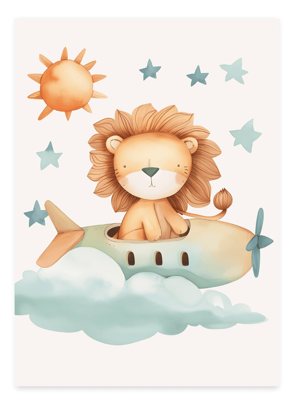 Lion in a Green Plane - Børneplakat | Sjov & Eventyrlig Vægkunst