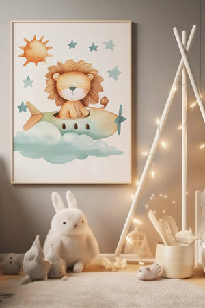 Lion in a Green Plane - Børneplakat | Sjov & Eventyrlig Vægkunst