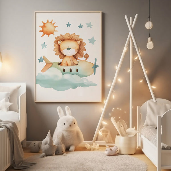 Lion in a Green Plane - Børneplakat | Sjov & Eventyrlig Vægkunst