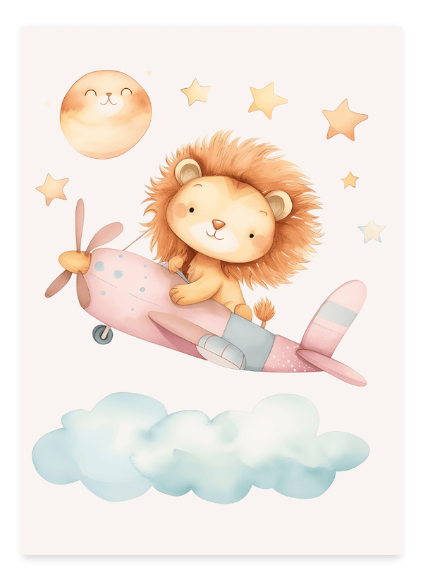 Lion in a Pink Plane - Børneplakat | Eventyrlig & Sjov Plakat