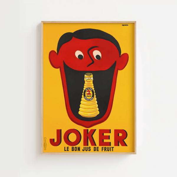 Vintage reklameplakat med Joker juiceflaske i en åben mund – i stærke røde og gule farver, fransk retrodesign.


