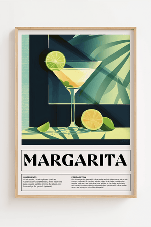 Margarita plakat med grønne nuancer og lime, opskrift nederst og tropisk stemning. Moderne retrostil.


