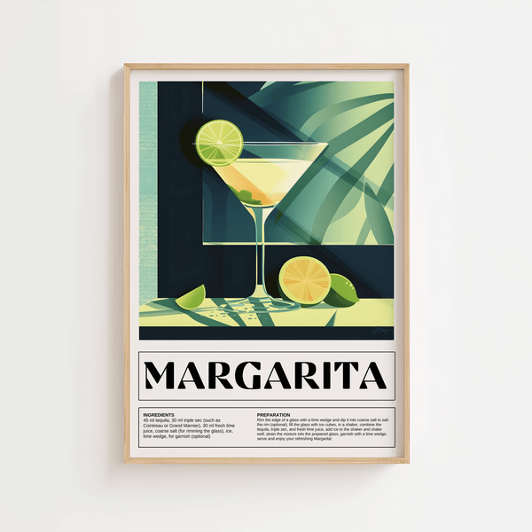Margarita plakat med grønne nuancer og lime, opskrift nederst og tropisk stemning. Moderne retrostil.

