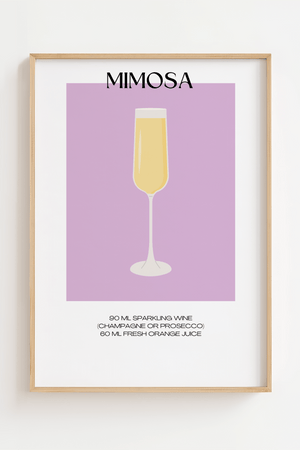 Illustreret Mimosa plakat med lysegul cocktail i champagneglas på lilla baggrund – perfekt til køkkenet eller baren.

