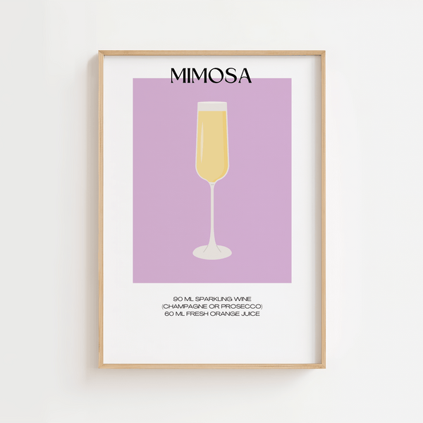 Illustreret Mimosa plakat med lysegul cocktail i champagneglas på lilla baggrund – perfekt til køkkenet eller baren.

