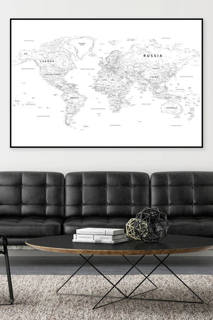 Minimalistisk verdenskort plakat. Et stilrent verdenskort i enkle linjer – perfekt til moderne, skandinavisk og stilfuld boligindretning.

