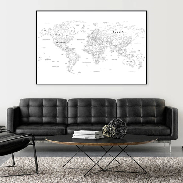 Minimalistisk verdenskort plakat. Et stilrent verdenskort i enkle linjer – perfekt til moderne, skandinavisk og stilfuld boligindretning.

