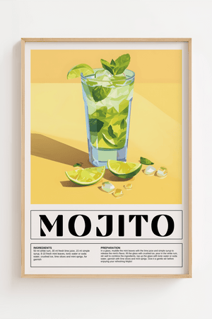 Mojito cocktail plakat med lime, is og mynte i solgult baggrundsdesign

