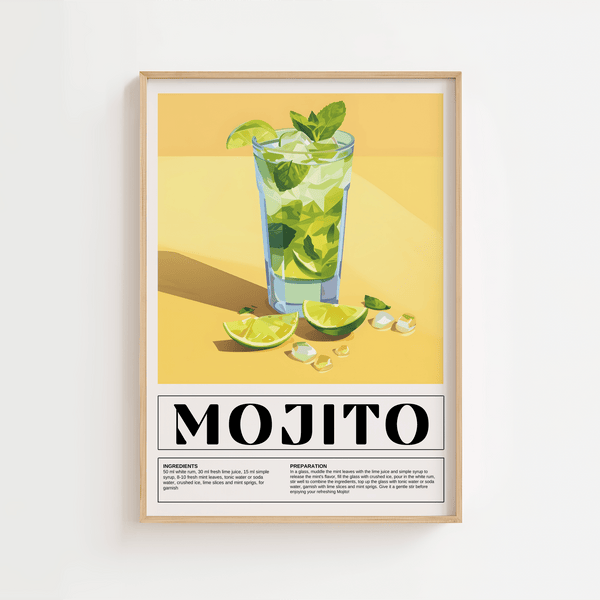 Mojito cocktail plakat med lime, is og mynte i solgult baggrundsdesign
