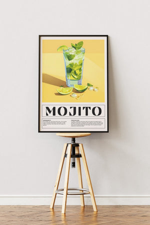 Mojito cocktail plakat med lime, is og mynte i solgult baggrundsdesign
