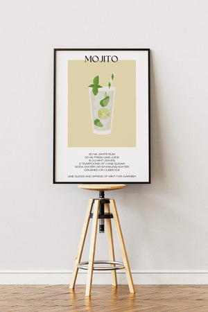 Illustreret Mojito plakat med glas, lime og mynteblade i minimalistisk design

