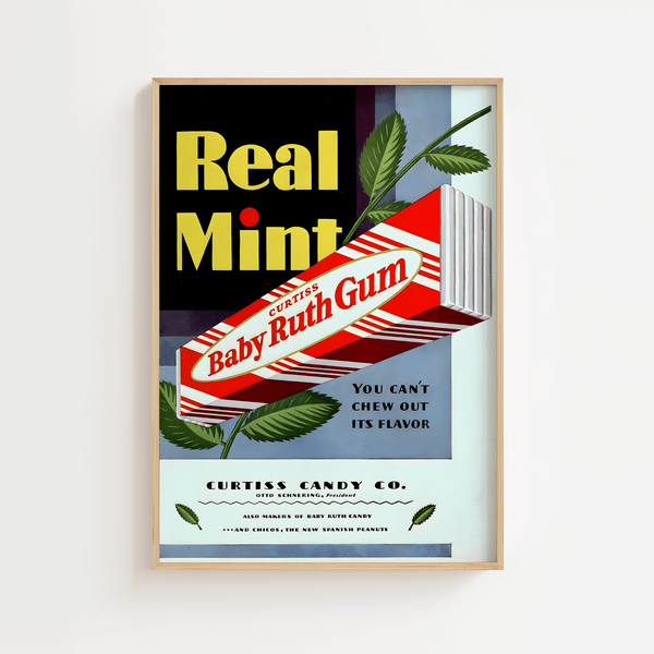 Vintage plakat med Baby Ruth tyggegummi, mintblade og retro tekst – amerikansk reklame fra Curtiss Candy Co.

