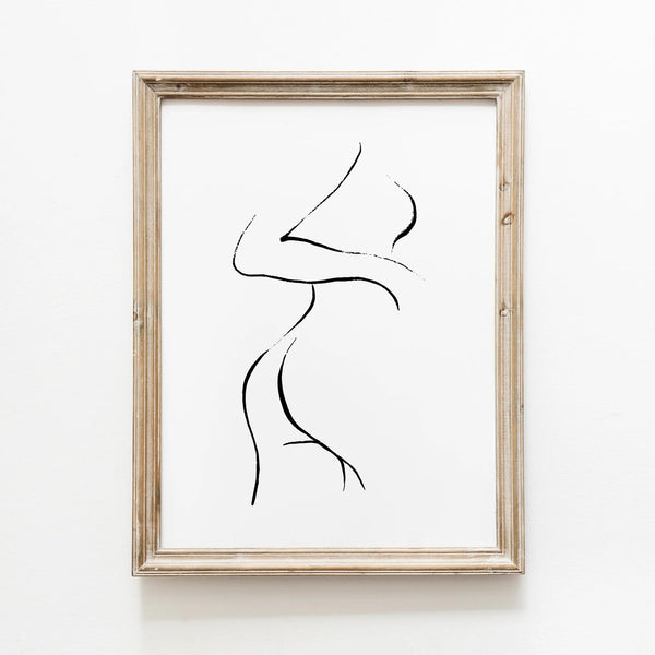 Minimalistisk plakat med sensuel kvindekrop i sort-hvid line art. Skab spa-stemning på badeværelset. Fås fra 99 kr.