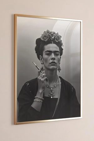 Smoking Icon – Frida Kahlo Plakat i sort-hvid med ikonisk portræt af Frida Kahlo med cigaret. Kunstplakat med stærk attitude til boligindretning