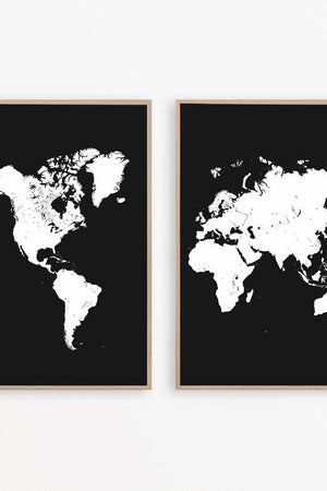 Sort 2 delt Verdenskort Plakat